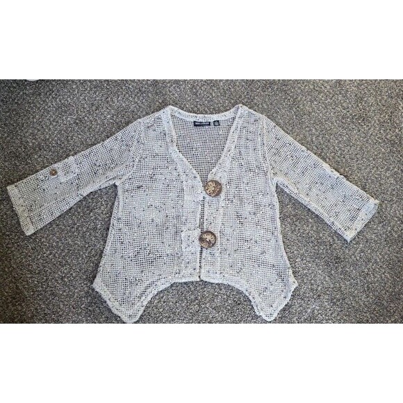 Nina Leonard Open Weave Cardigan, Big Buttons, Asymmetrical, Cream/gray. Size Sm - Picture 1 of 6